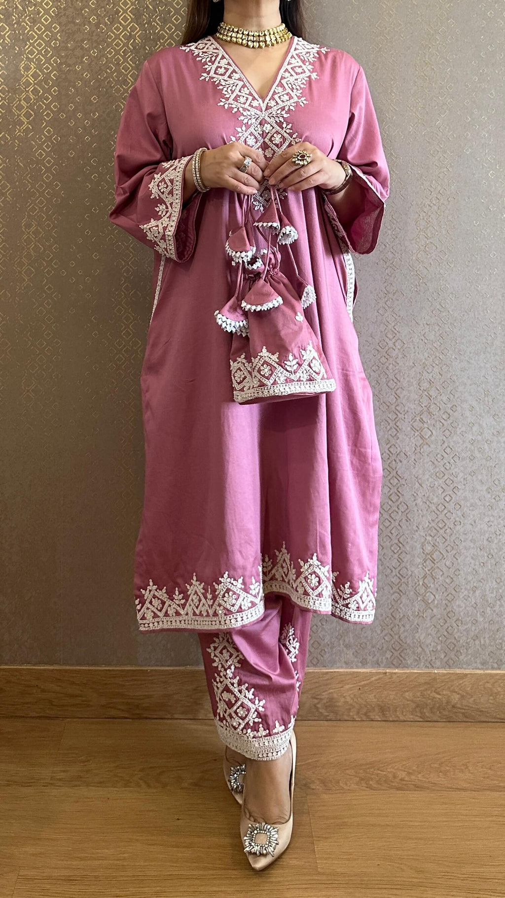 Rouge Pink Kashmiri Phiran with Salwar and Matching Potli