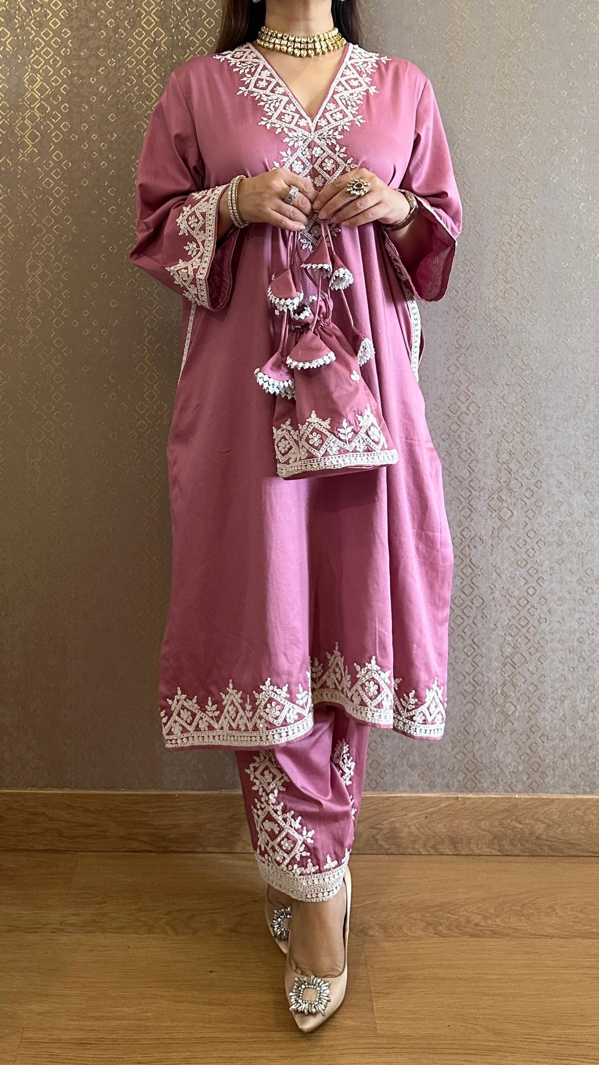 Rouge Pink Kashmiri Phiran with Salwar and Matching Potli