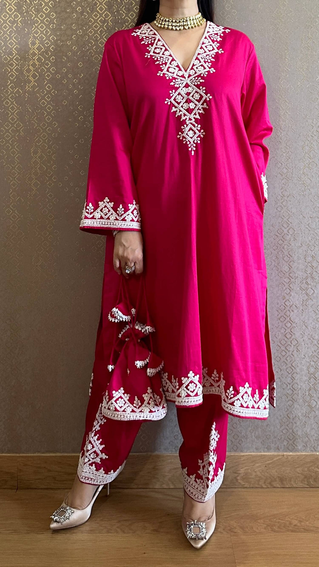 Candy Pink Kashmiri Phiran with Salwar and Matching Potli