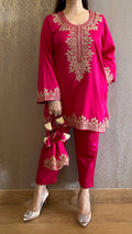 Hot Pink Kashmiri Phiran Coord with Pants and Matching Potli
