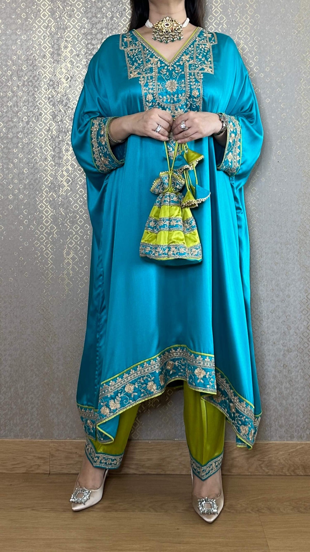 Firozi Satin Kaftan Phiran with Churidaar and Matching Potli