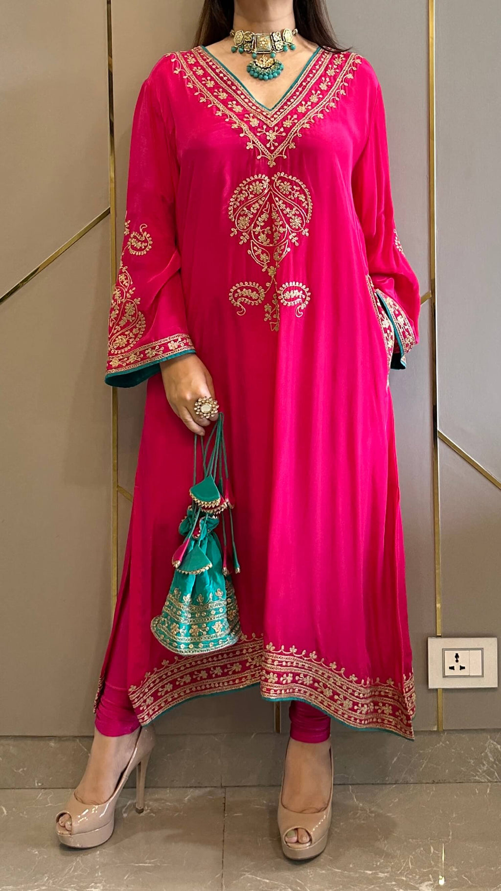 Candy Pink Crepe Kashmiri-Phiran Kurta with Churidar and Matching Potli - Express Delivery