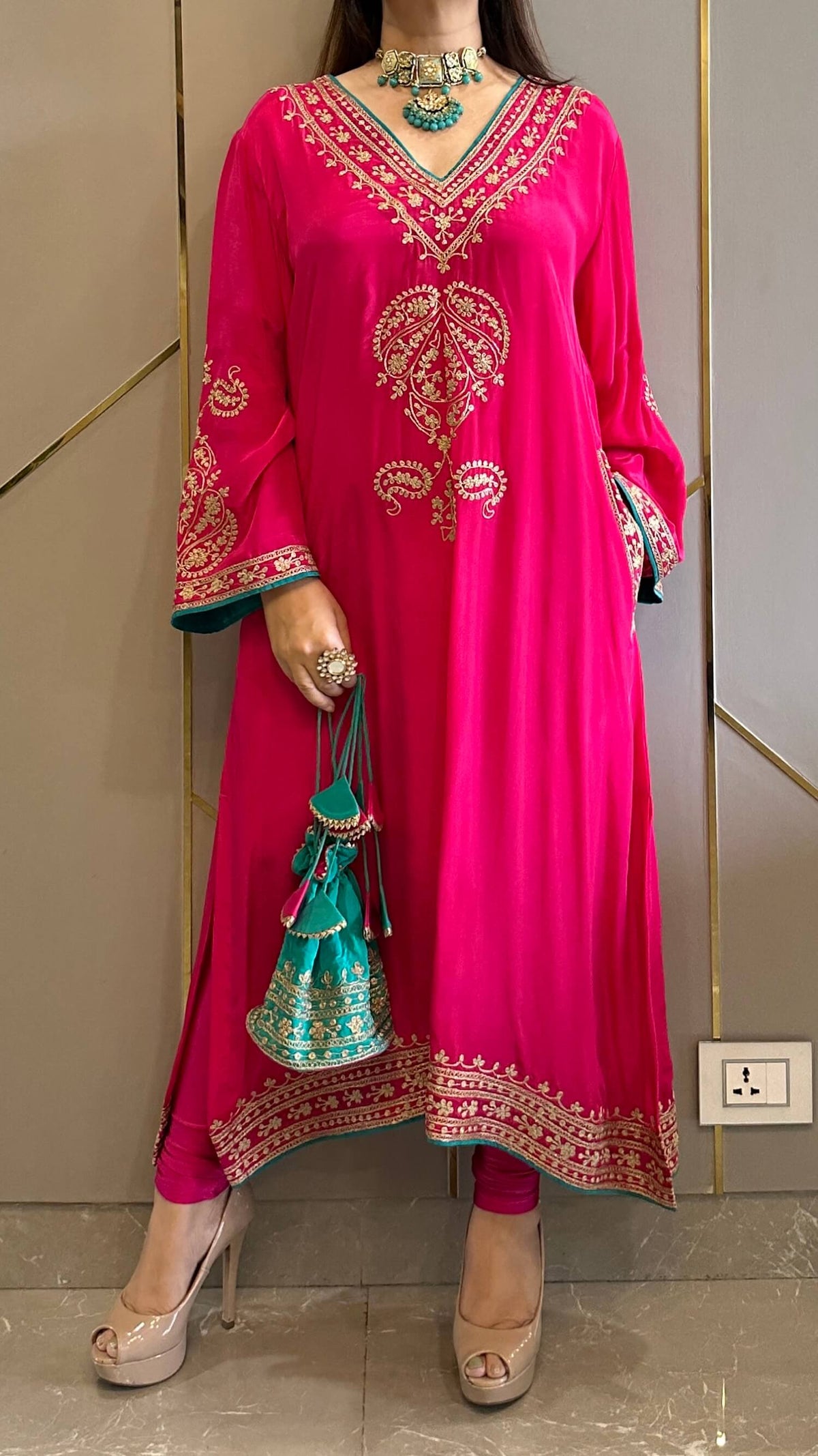 Candy Pink Crepe Kashmiri-Phiran Kurta with Churidar and Matching Potli - Express Delivery