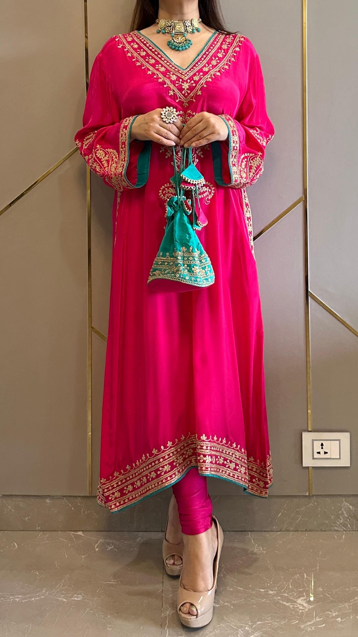 Candy Pink Crepe Kashmiri-Phiran Kurta with Churidar and Matching Potli - Express Delivery