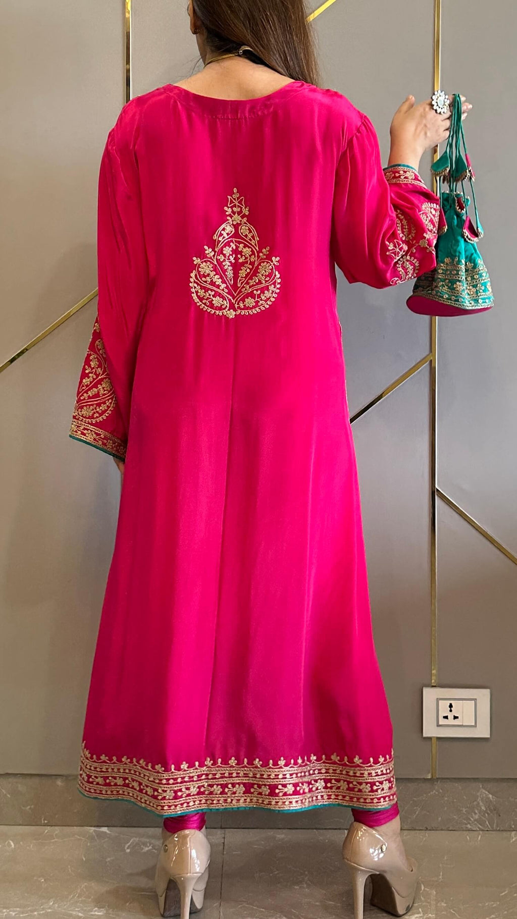 Candy Pink Crepe Kashmiri-Phiran Kurta with Churidar and Matching Potli - Express Delivery