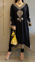 Black Crepe Kashmiri-Phiran Kurta with Churidar and Matching Potli - Express Delivery