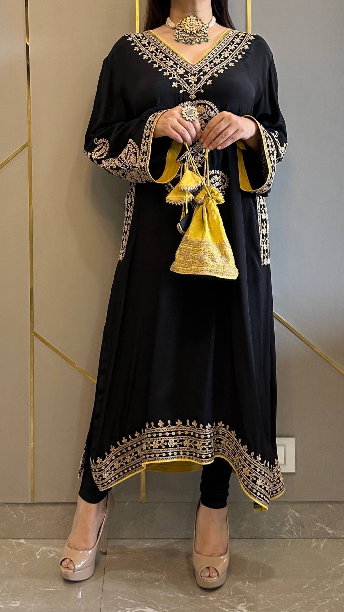 Black Crepe Kashmiri-Phiran Kurta with Churidar and Matching Potli - Express Delivery