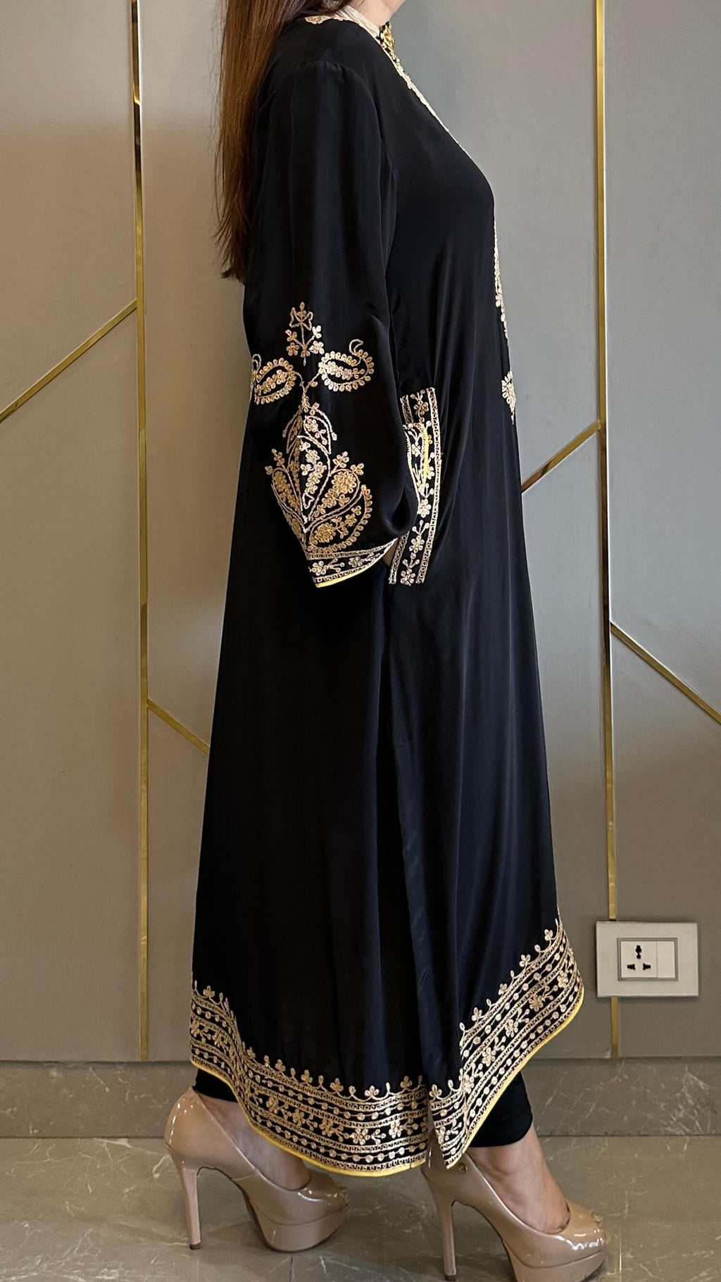 Black Crepe Kashmiri-Phiran Kurta with Churidar and Matching Potli - Express Delivery