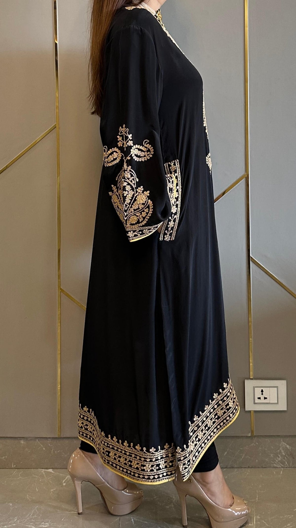 Black Crepe Kashmiri-Phiran Kurta with Churidar and Matching Potli - Express Delivery