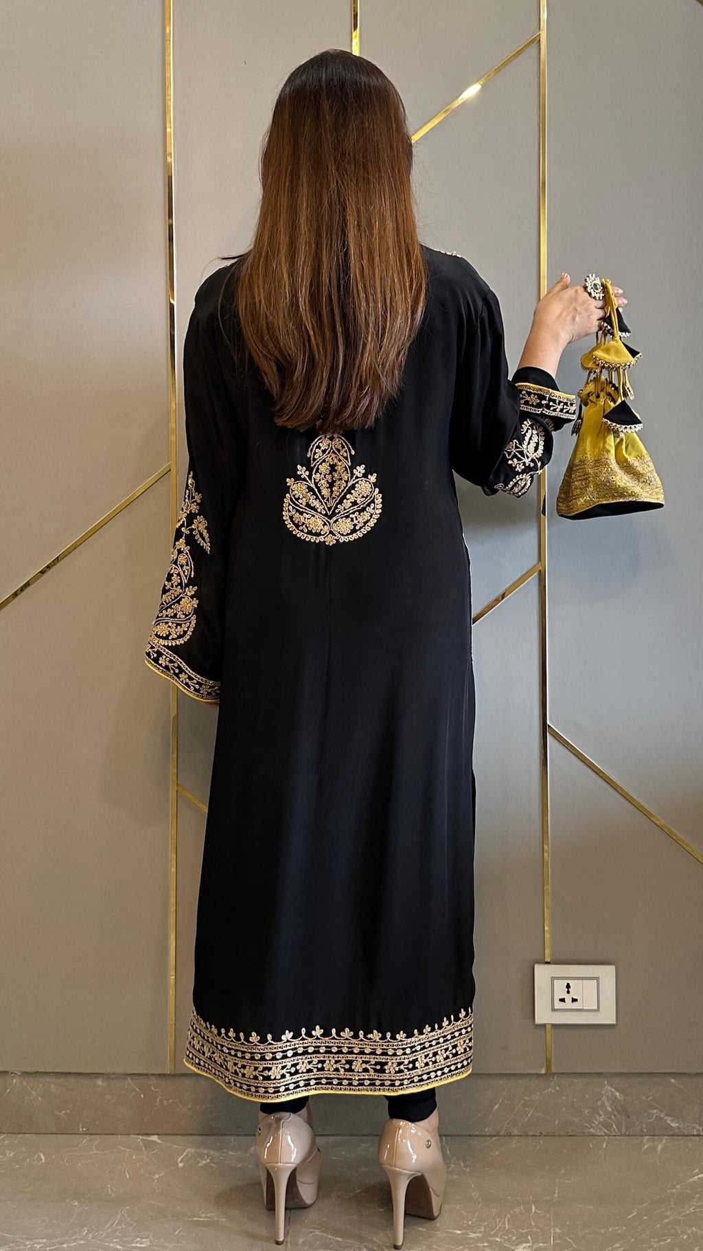 Black Crepe Kashmiri-Phiran Kurta with Churidar and Matching Potli - Express Delivery