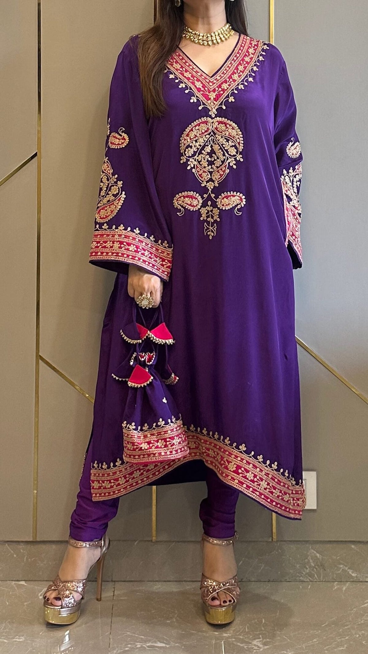Purple Applique Crepe Kashmiri-Phiran Kurta with Churidar and Matching Potli - Express Delivery