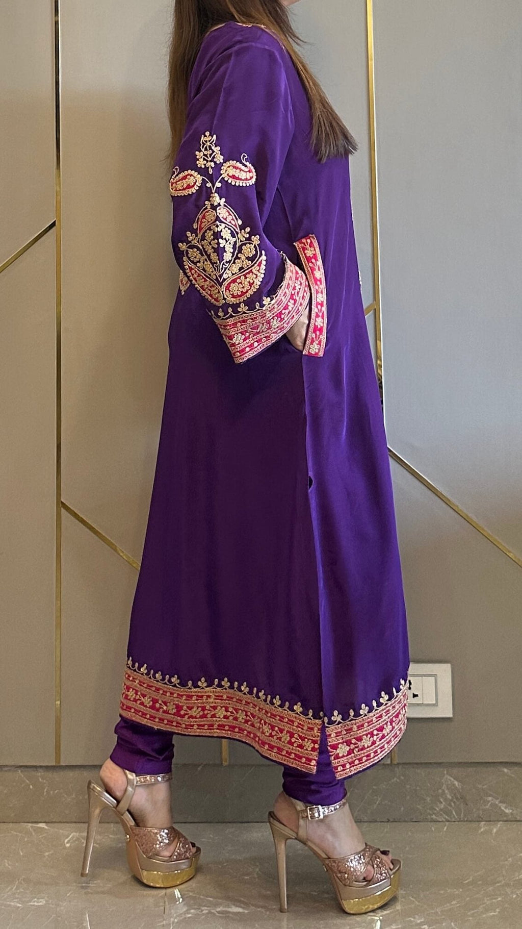 Purple Applique Crepe Kashmiri-Phiran Kurta with Churidar and Matching Potli - Express Delivery