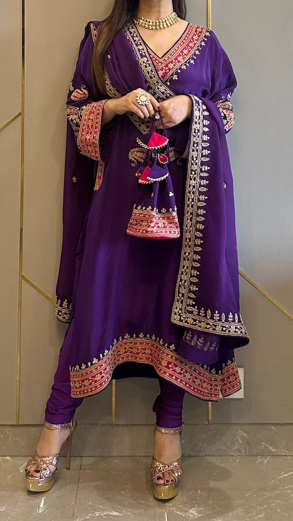 Purple Applique Crepe Kashmiri-Phiran Kurta with Churidar and Matching Potli - Express Delivery
