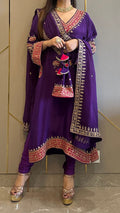 Purple Applique Crepe Kashmiri-Phiran Kurta with Churidar and Matching Potli - Express Delivery