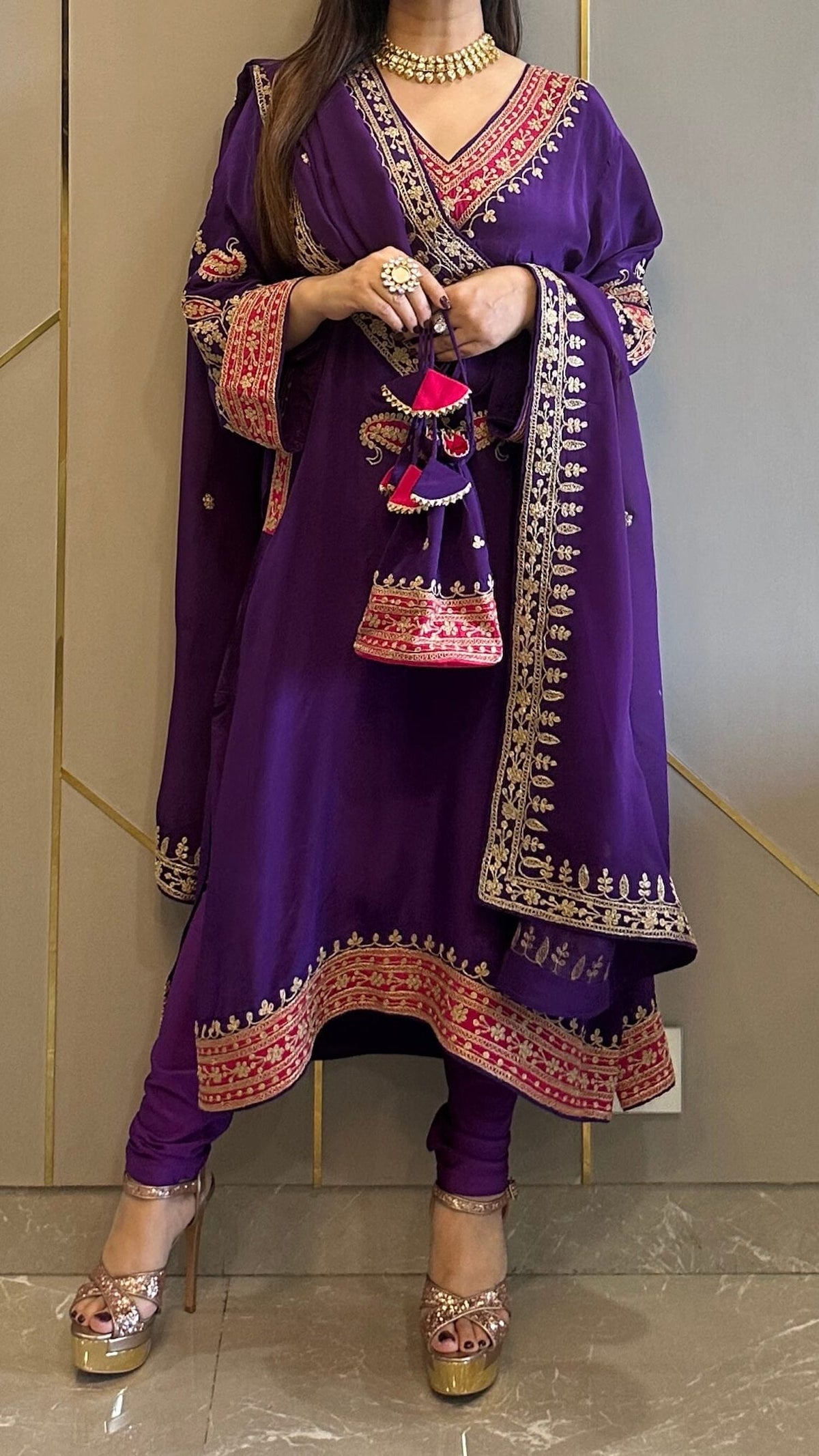 Purple Applique Crepe Kashmiri-Phiran Kurta with Churidar and Matching Potli - Express Delivery