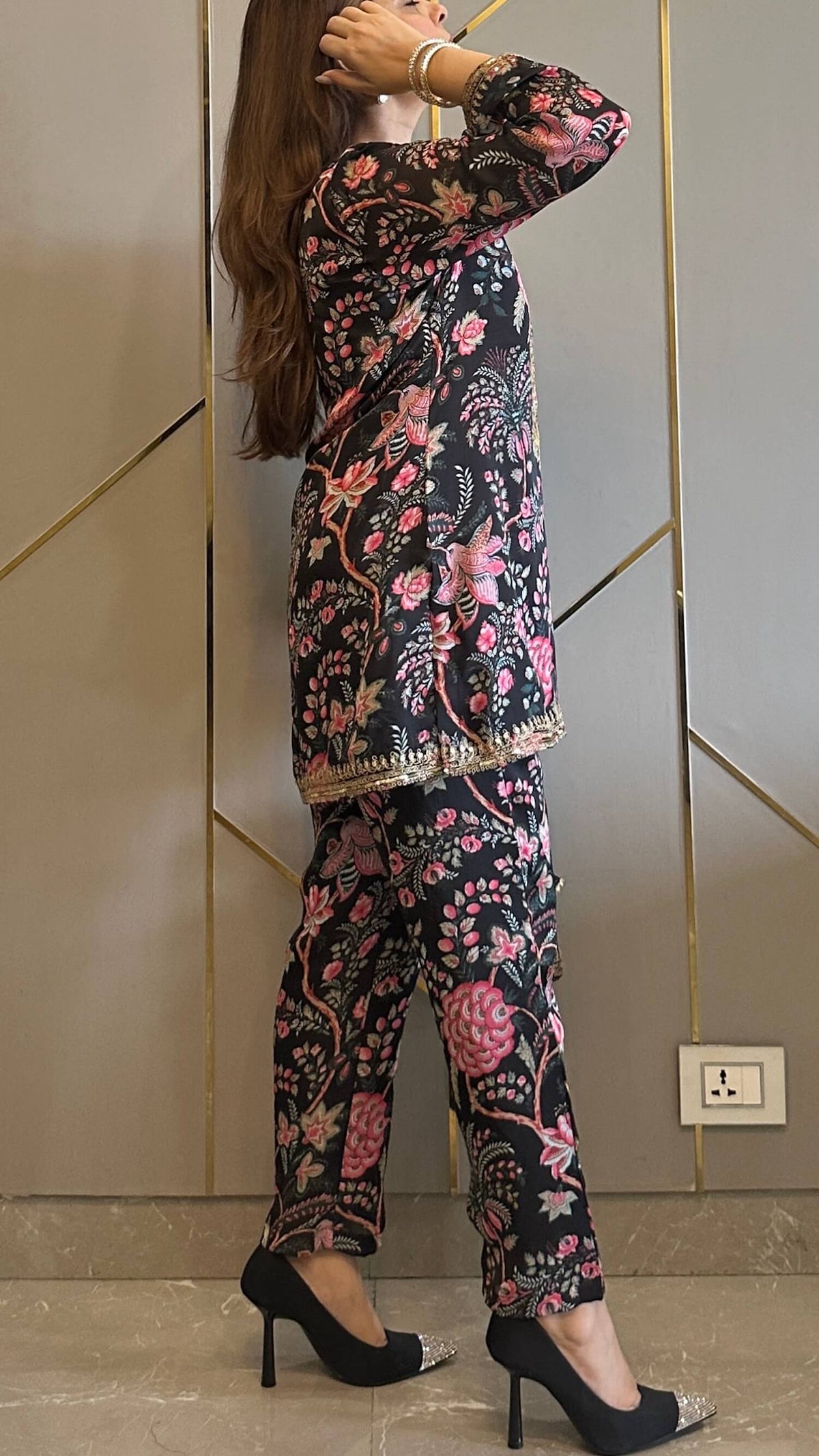 Black Paisley Phiran Coord with Pants and Matching Potli