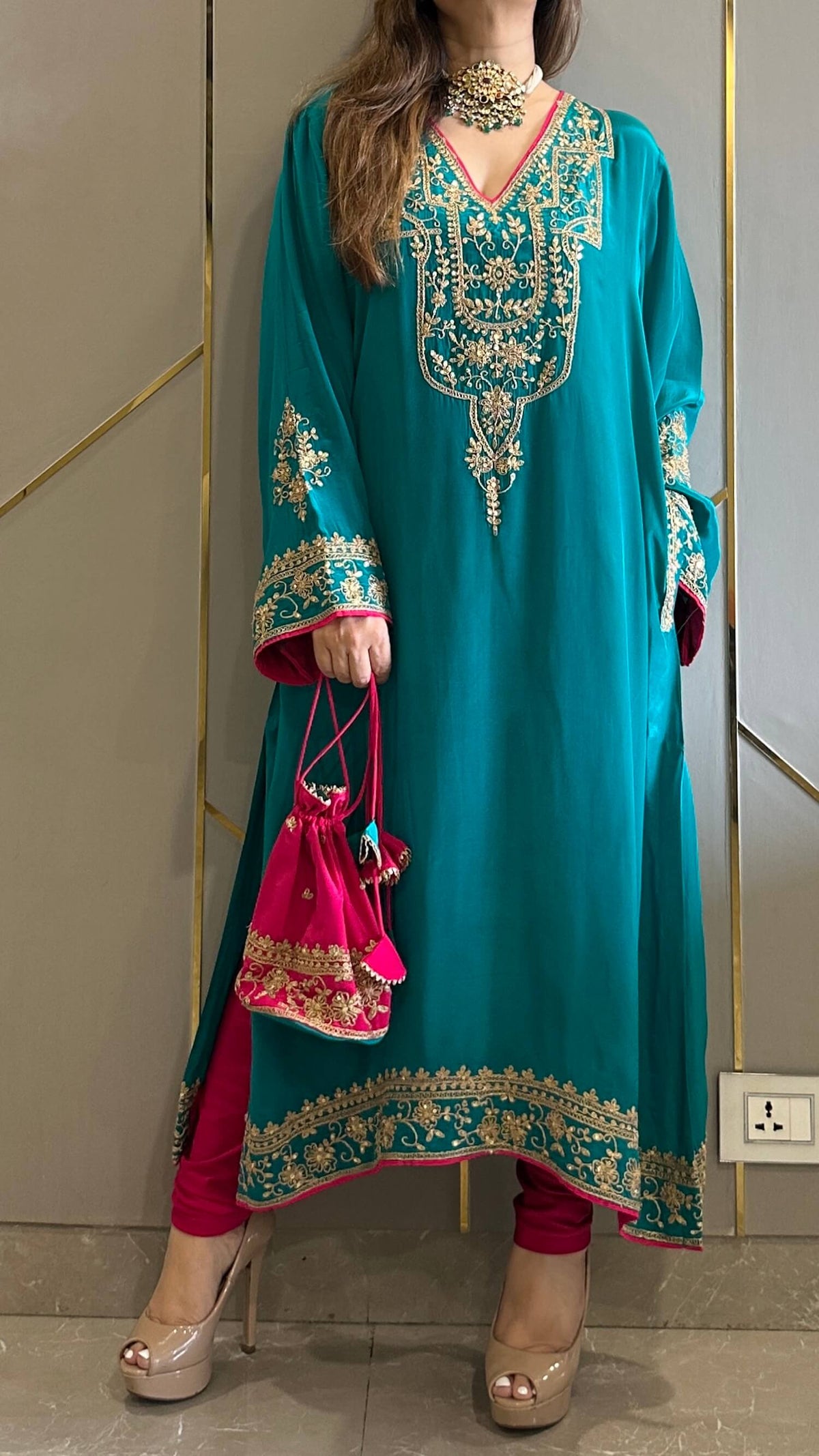 Fiza Jade Green Phiran Kurta with Churidar and Matching Potli - Express Delivery