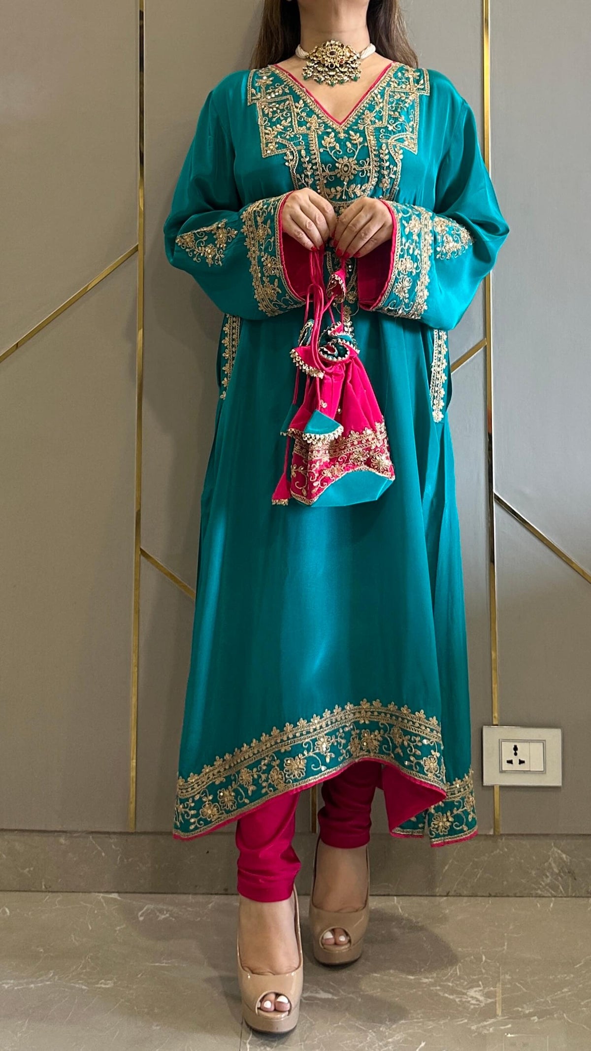 Fiza Jade Green Phiran Kurta with Churidar and Matching Potli - Express Delivery