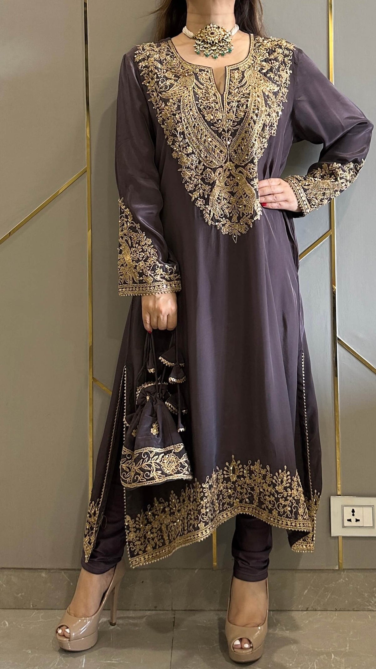 Baroque Grey Crepe Phiran Kurta with Churidar - Express Delivery
