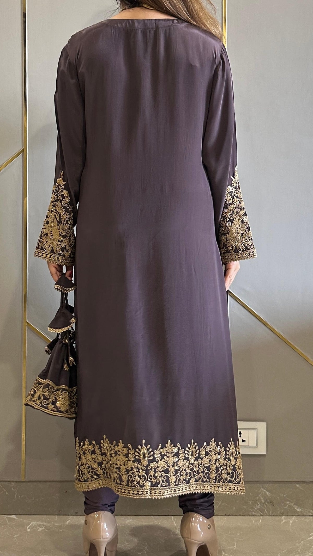 Baroque Grey Crepe Phiran Kurta with Churidar - Express Delivery