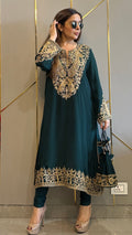 Bottle Green Baroque Crepe Phiran Kurta with Churidar - Express Delivery