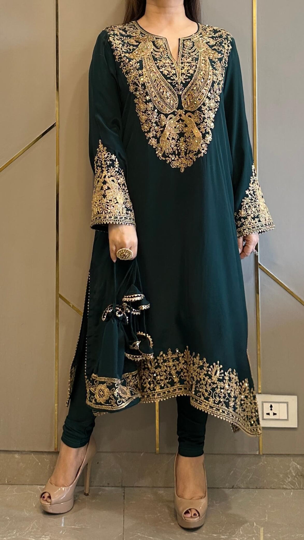 Bottle Green Baroque Crepe Phiran Kurta with Churidar - Express Delivery