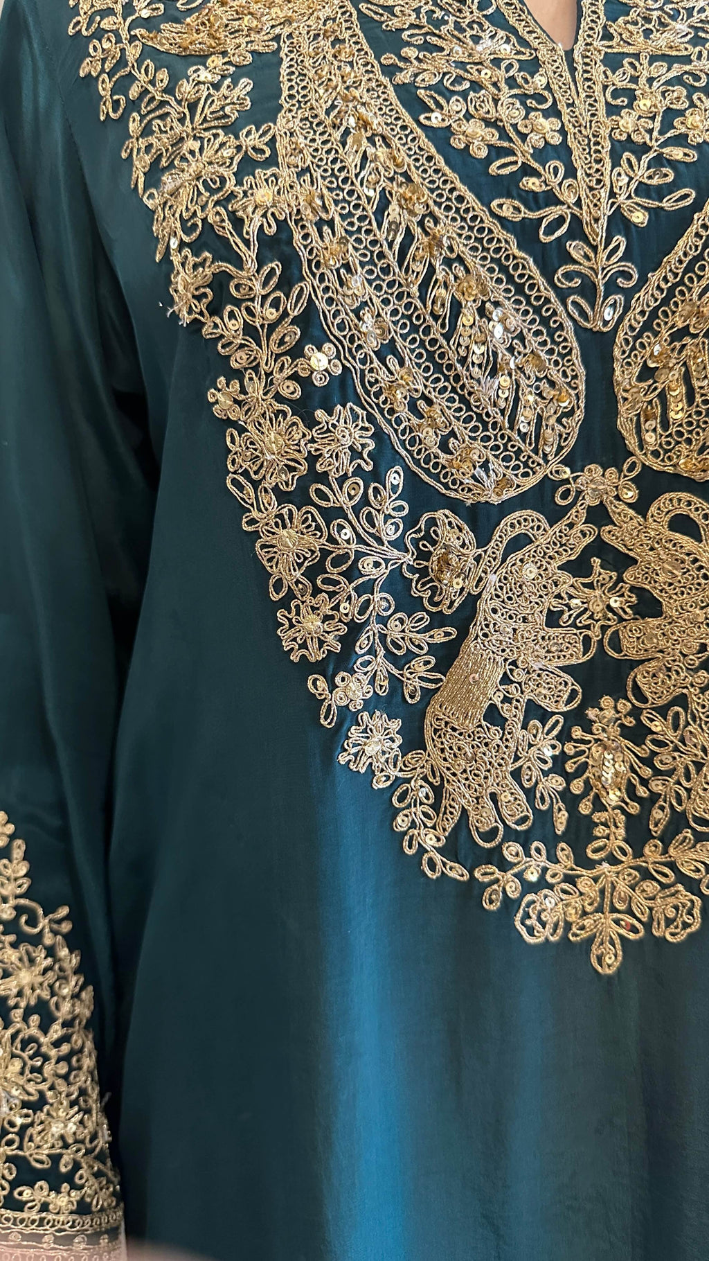 Bottle Green Baroque Crepe Phiran Kurta with Churidar - Express Delivery