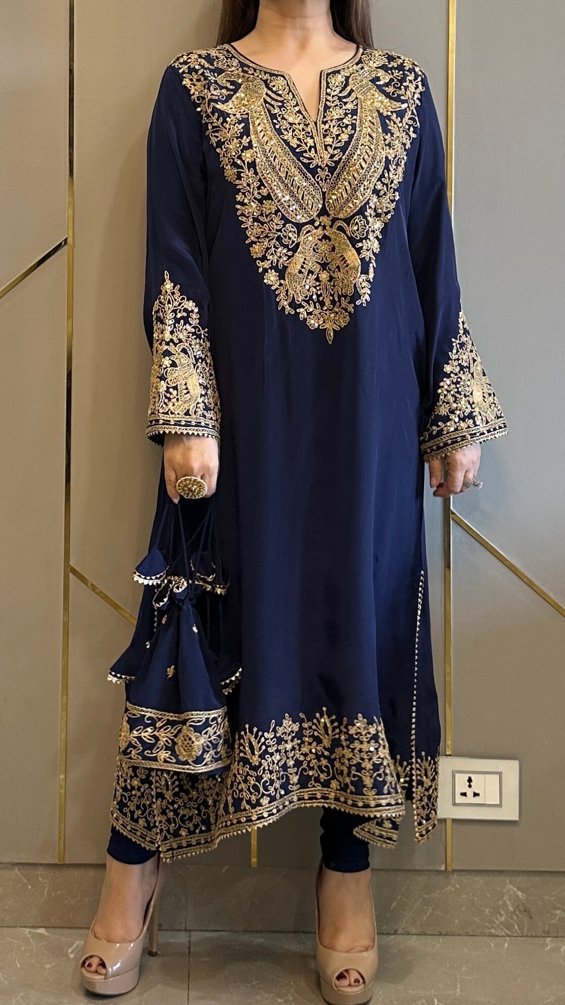Navy Blue Baroque Crepe Phiran Kurta with Churidar - Express Delivery