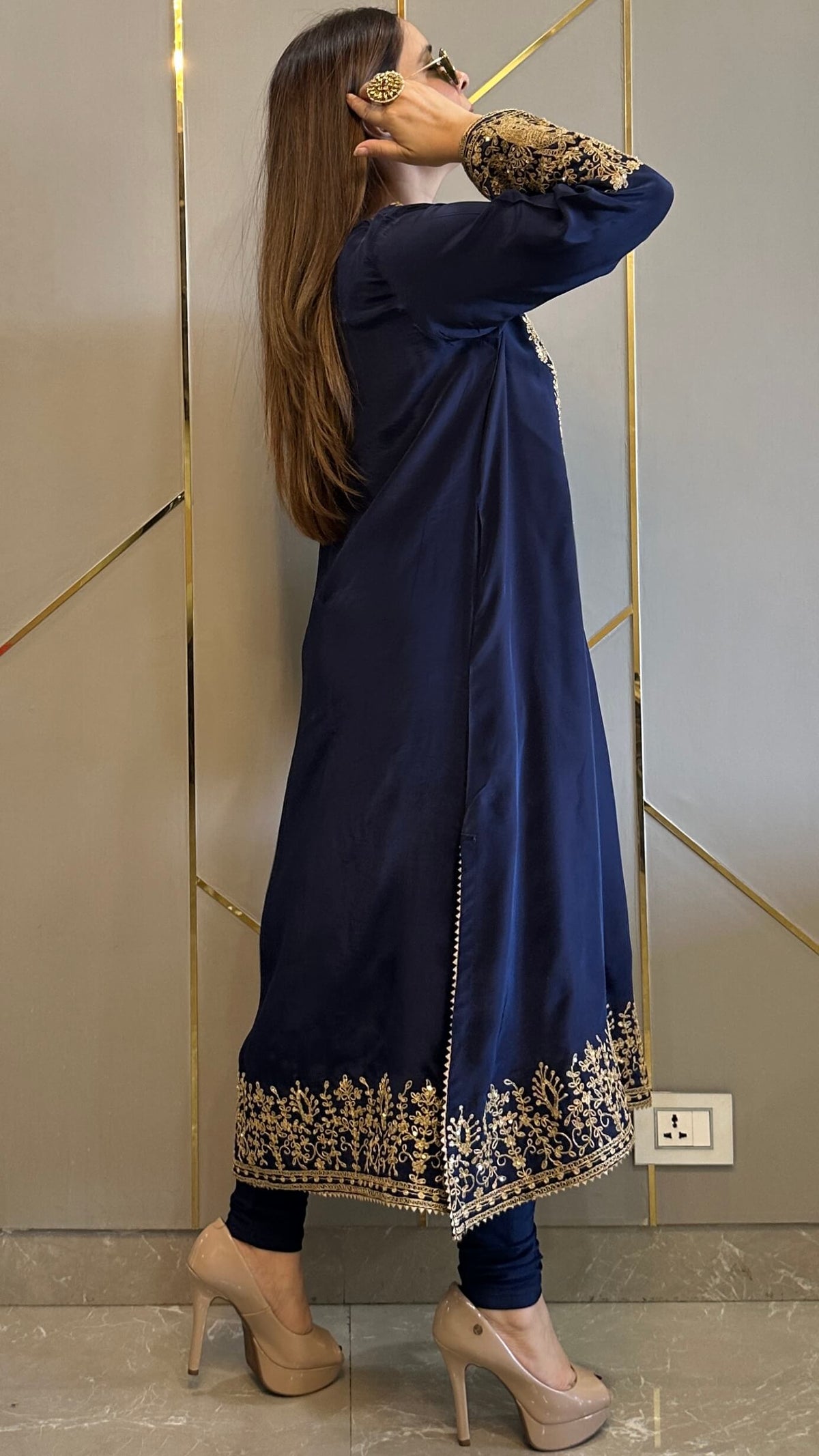 Navy Blue Baroque Crepe Phiran Kurta with Churidar - Express Delivery