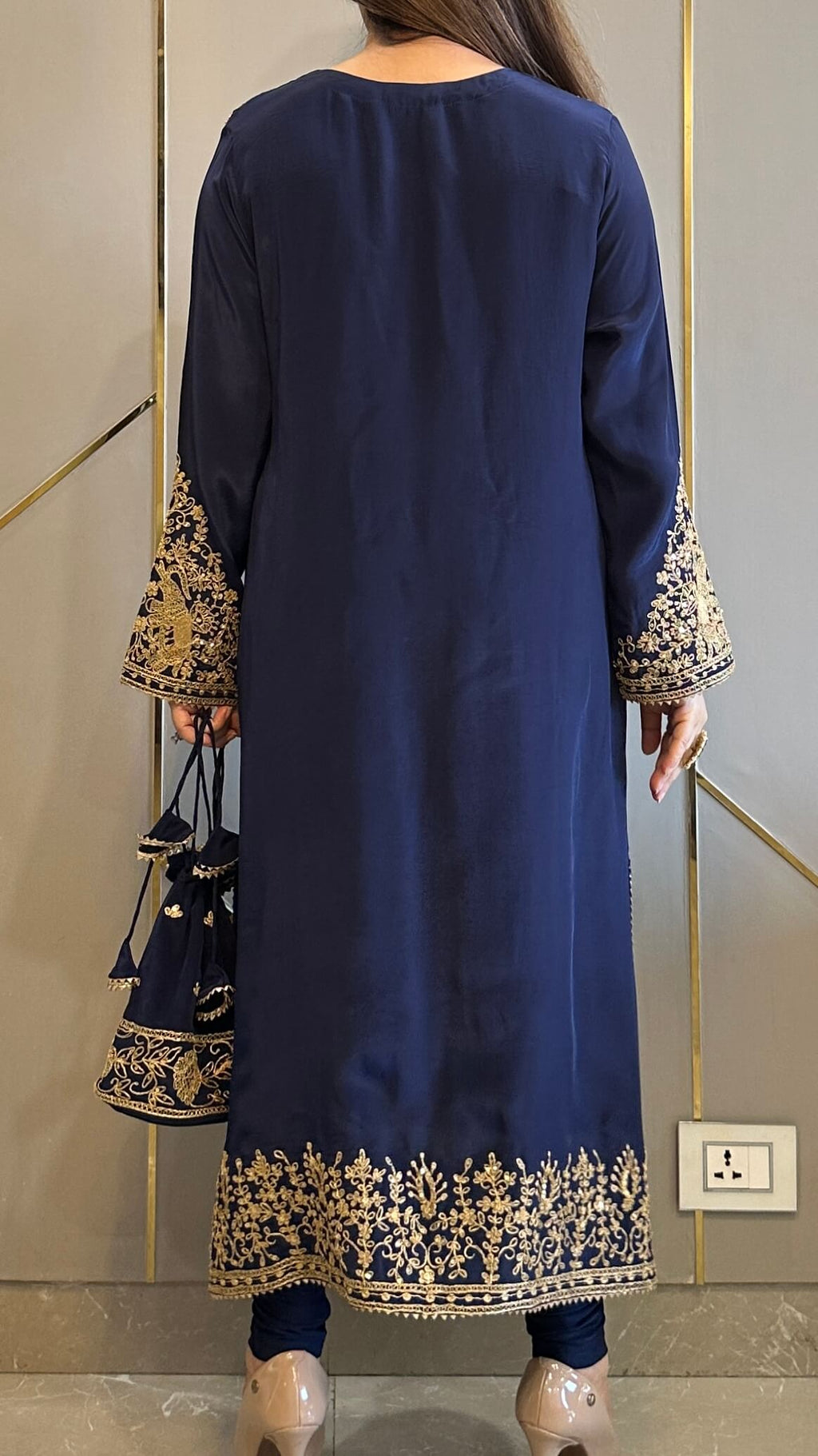 Navy Blue Baroque Crepe Phiran Kurta with Churidar - Express Delivery