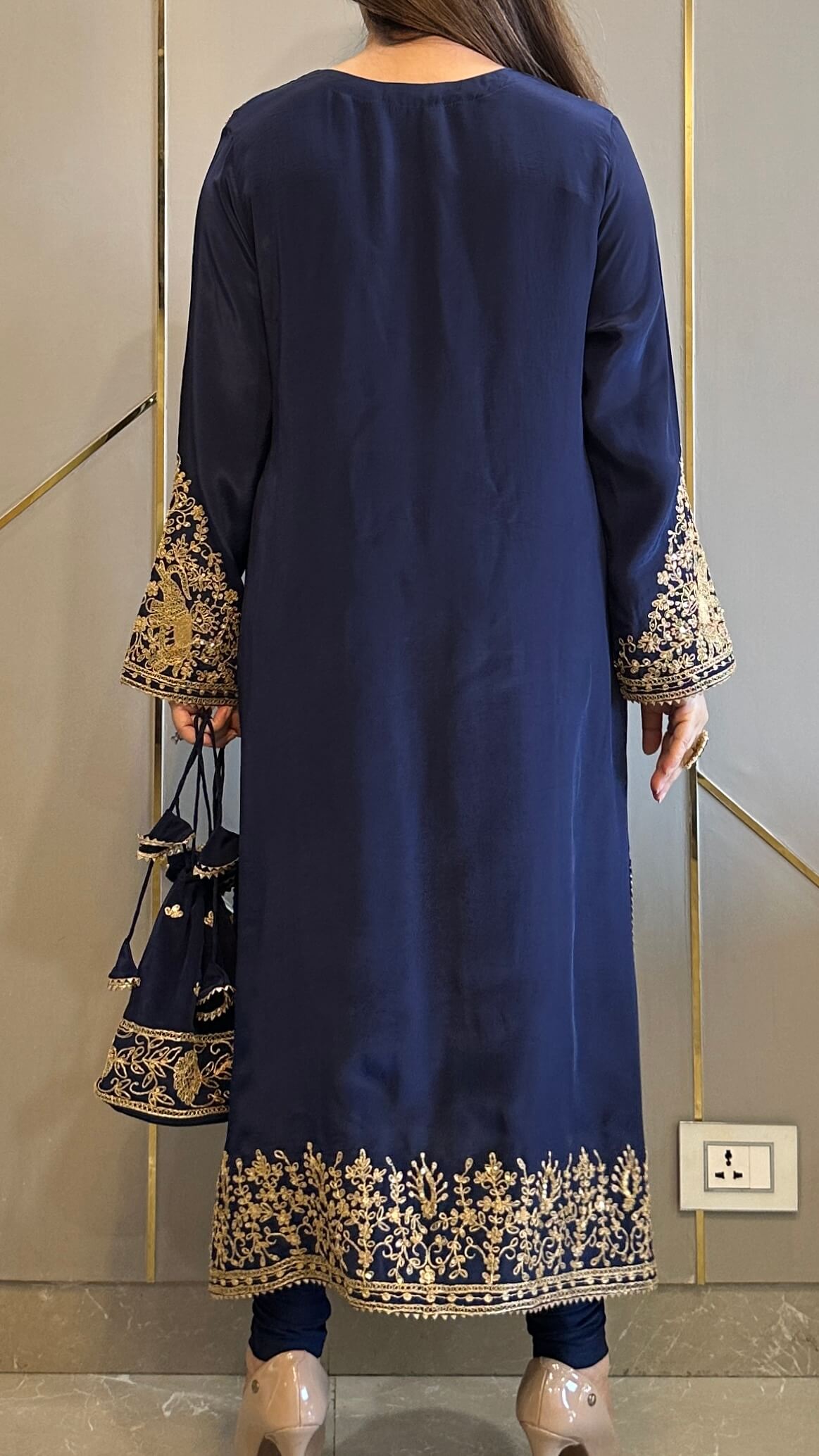 Navy Blue Baroque Crepe Phiran Kurta with Churidar - Express Delivery