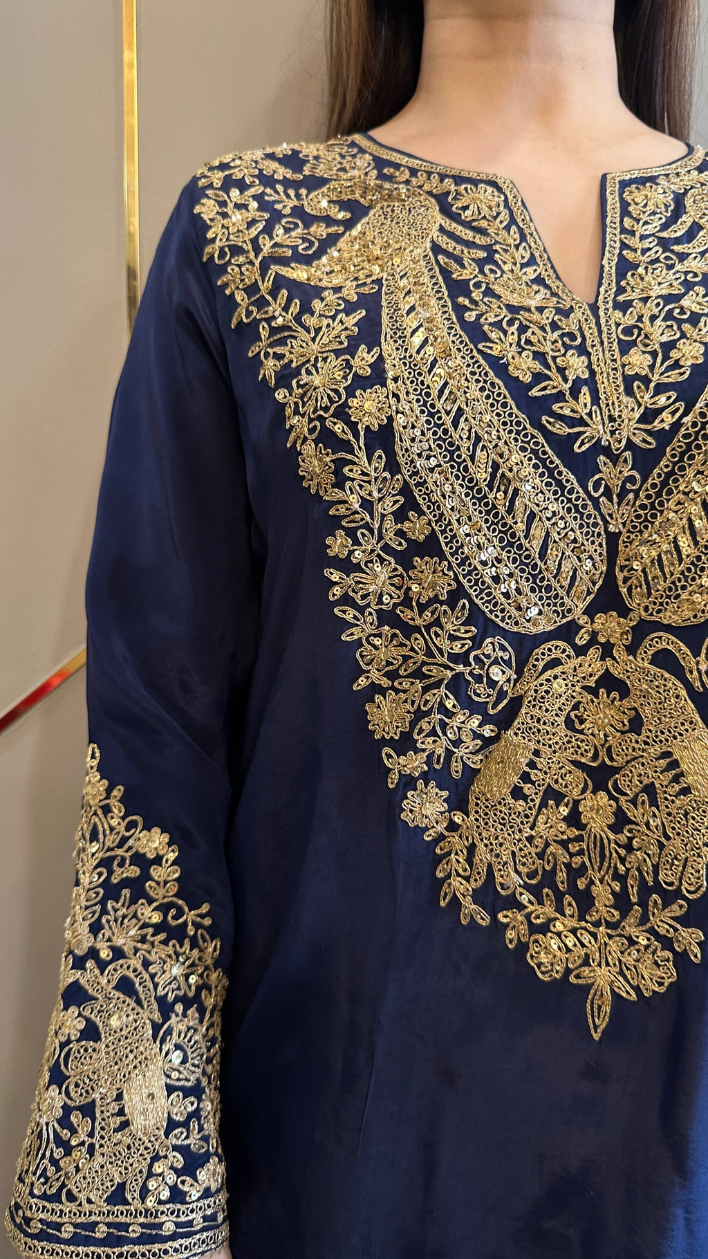 Navy Blue Baroque Crepe Phiran Kurta with Churidar - Express Delivery