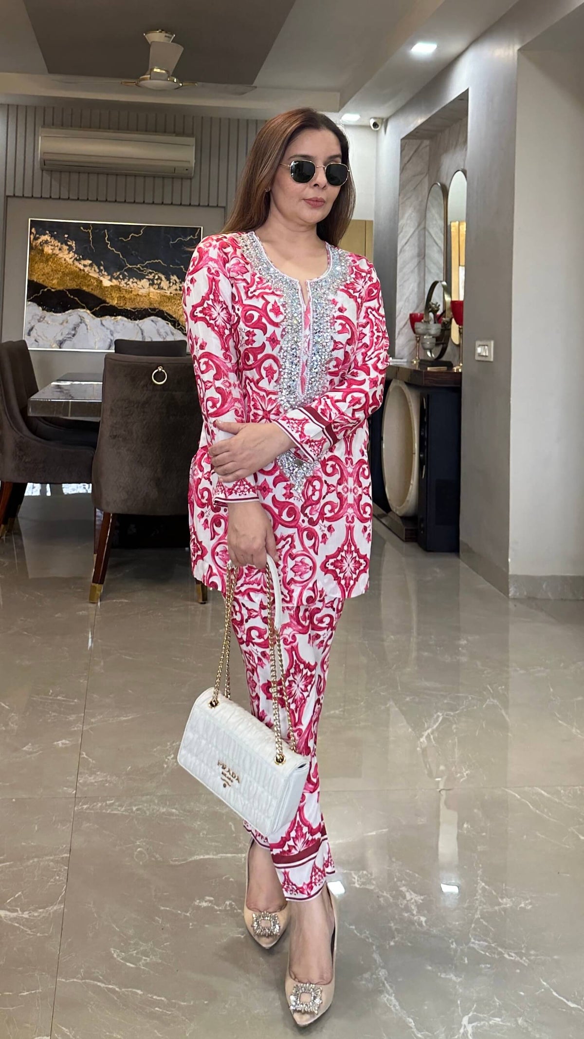 Hot Pink Capri Hand Embroidered Crystal Co-ord