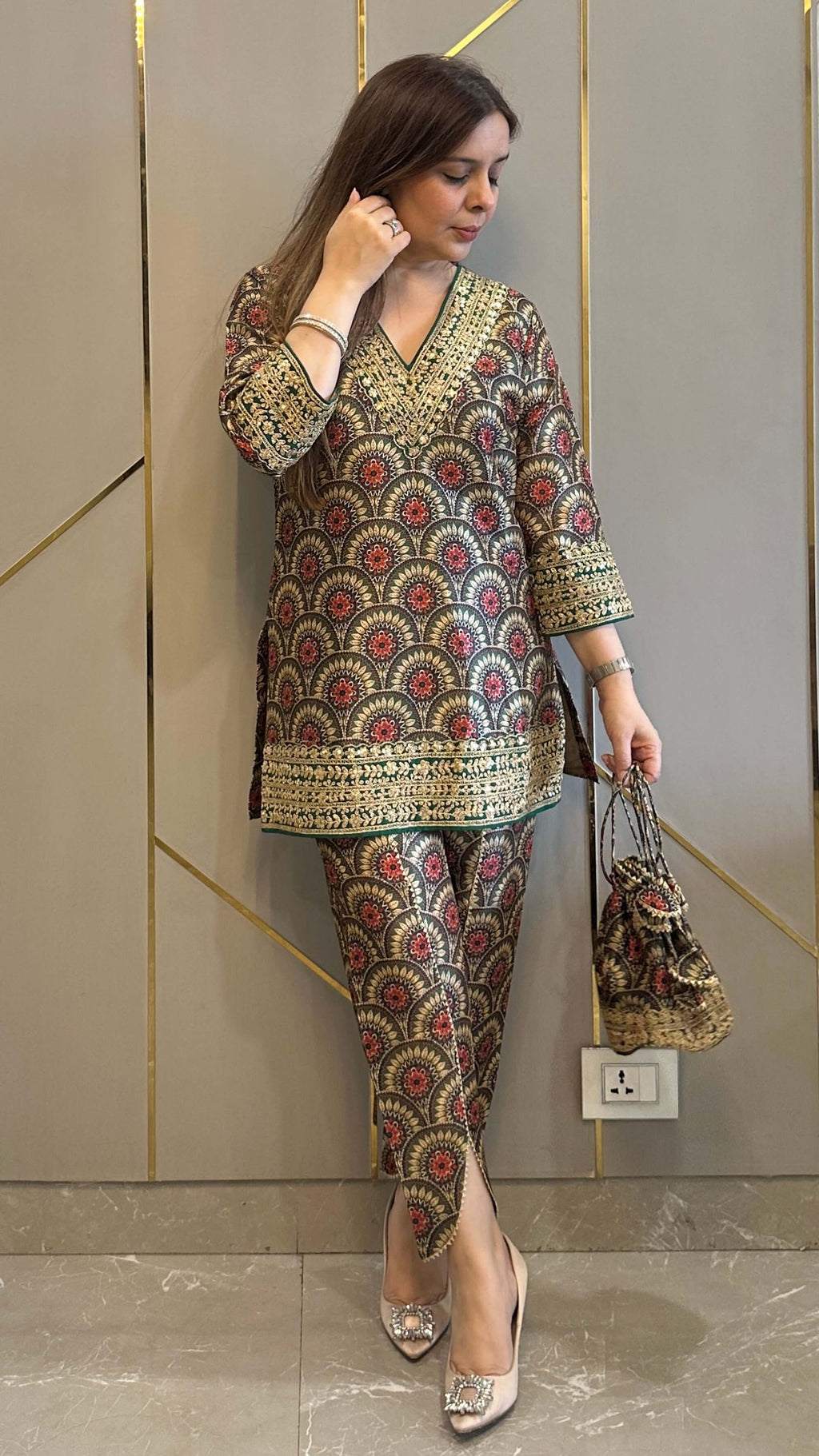 Olive Bloom Silk Embrdoiered Co-ord