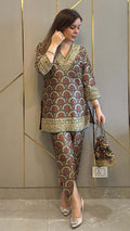 Olive Bloom Silk Embrdoiered Co-ord