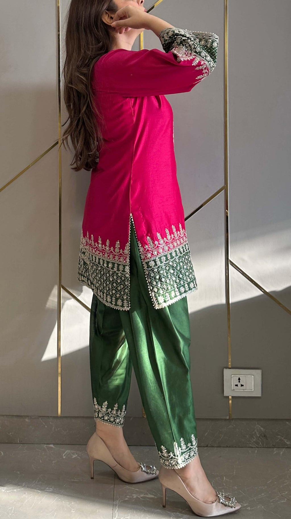 Magenta Chanderi Straight Phiran Kurta with Farshi Salwar - Express Delivery