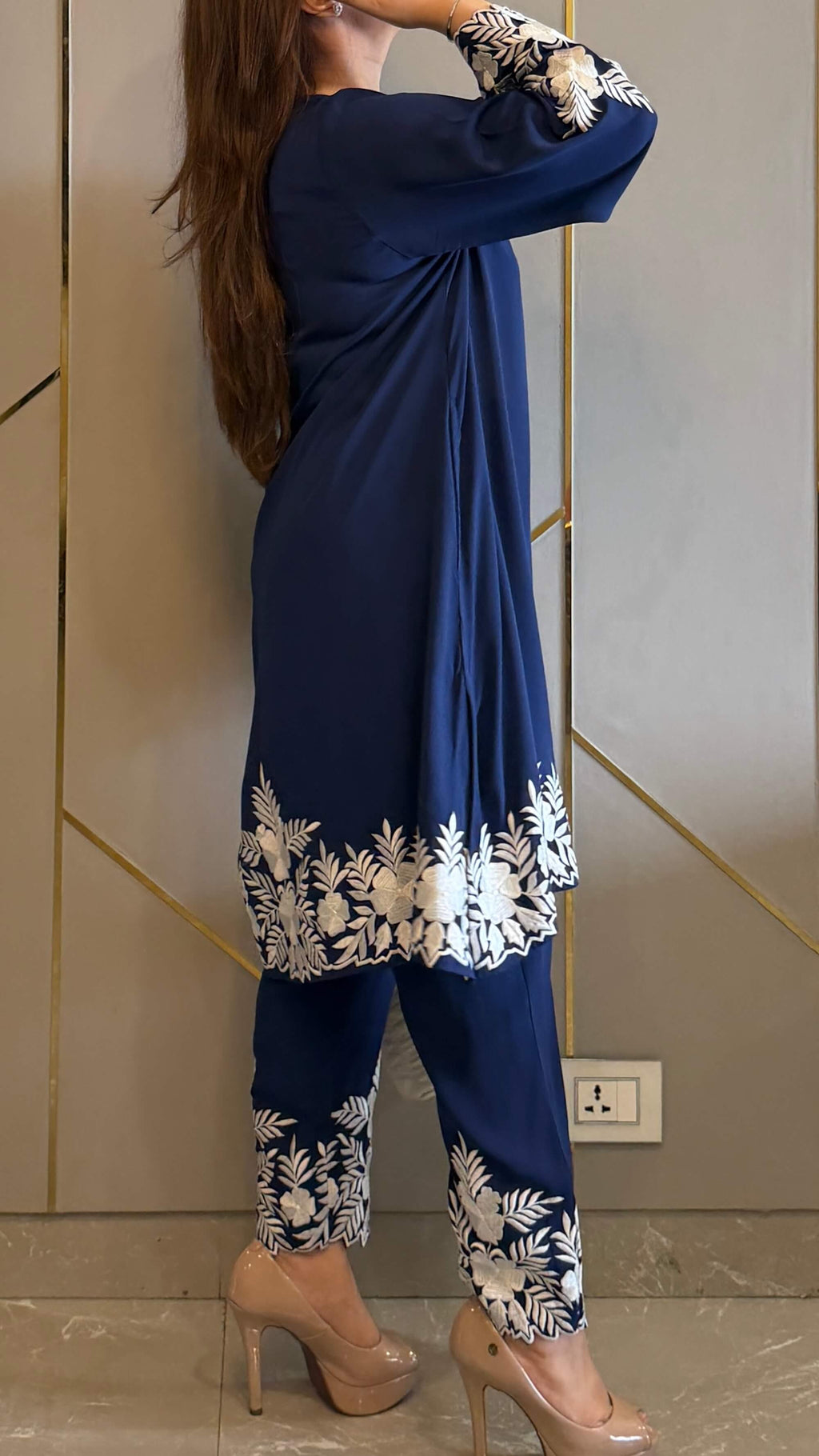Navy Embroidered Gara Co-ord Set with Optional Dupatta