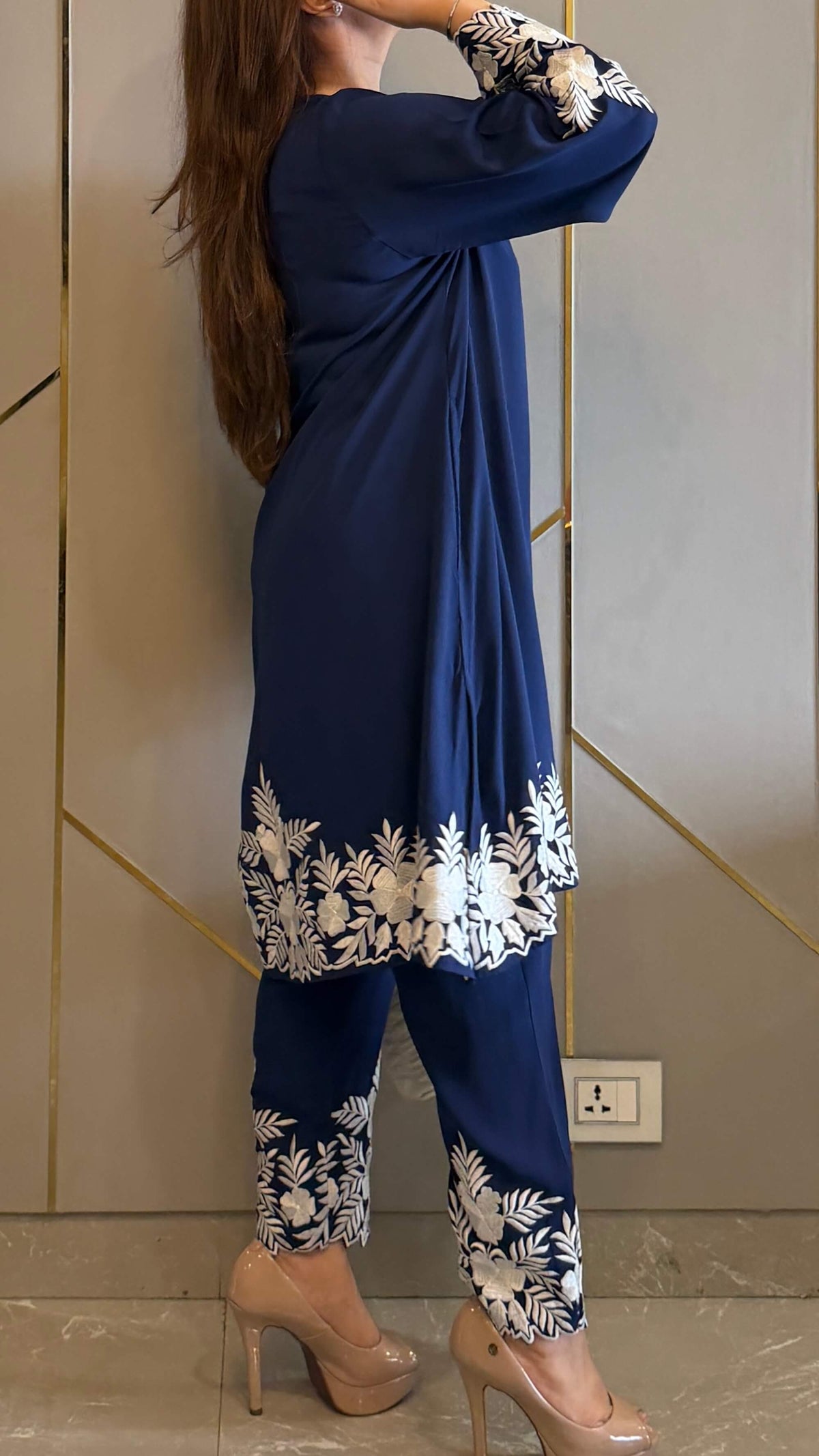 Navy Embroidered Gara Co-ord Set with Optional Dupatta
