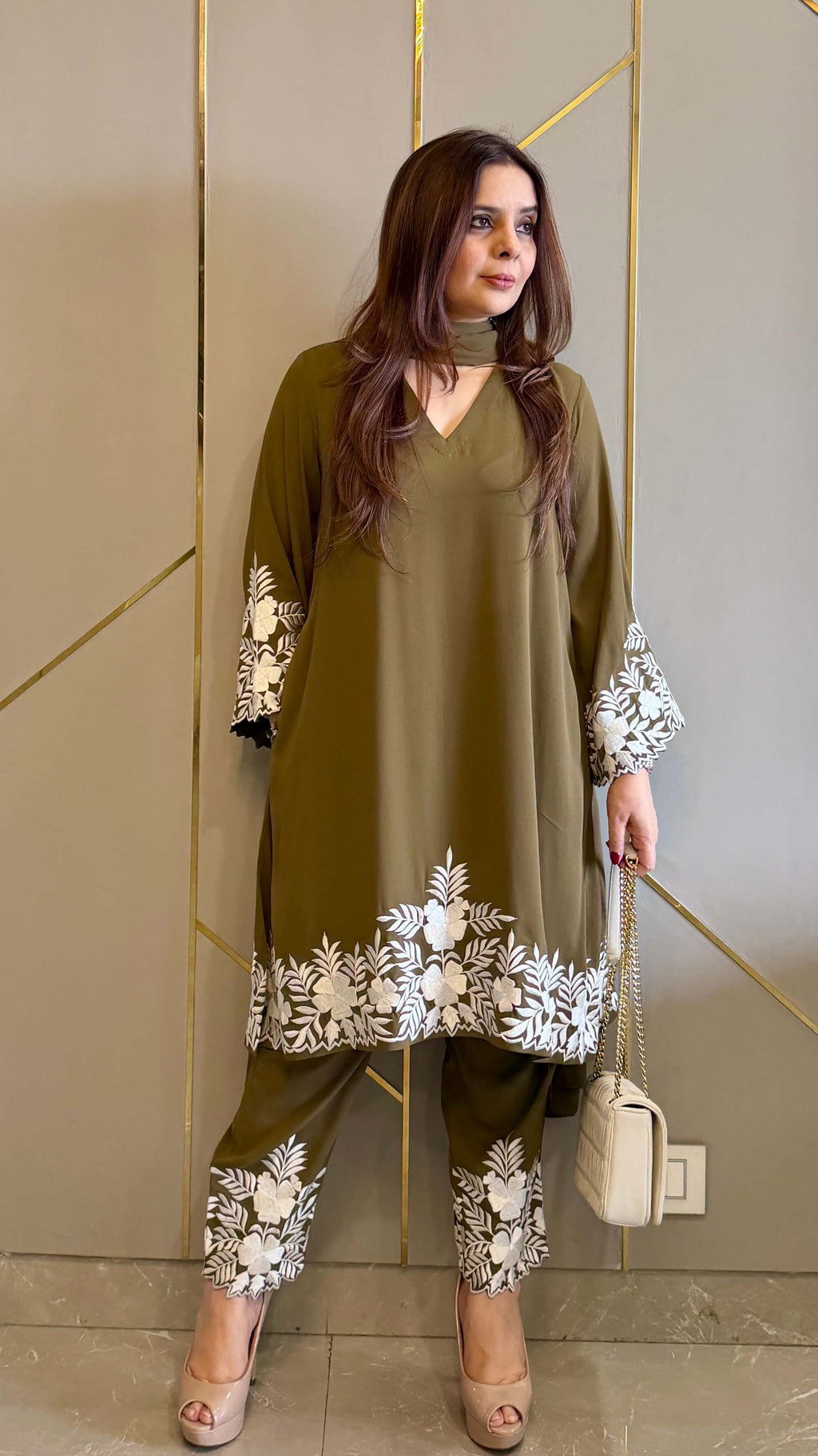 Olive Green Embroidered Gara Co-ord Set with Optional Dupatta