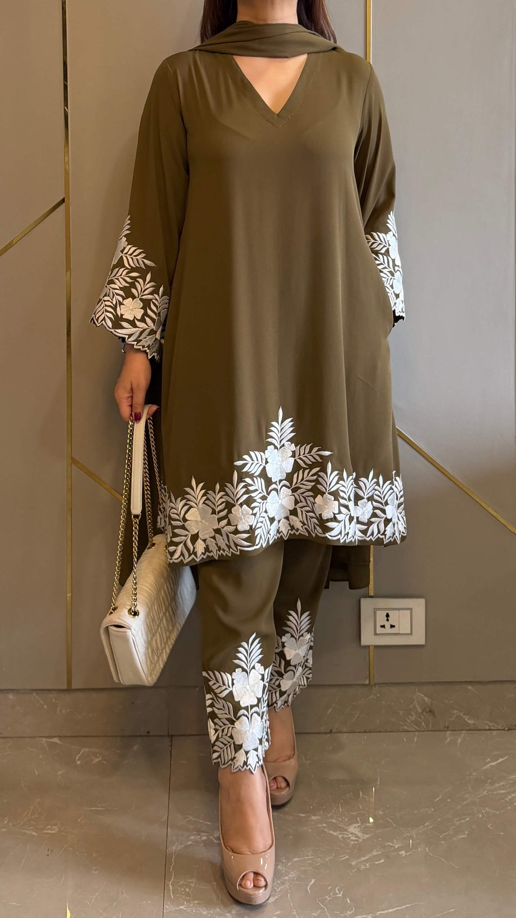Olive Green Embroidered Gara Co-ord Set with Optional Dupatta