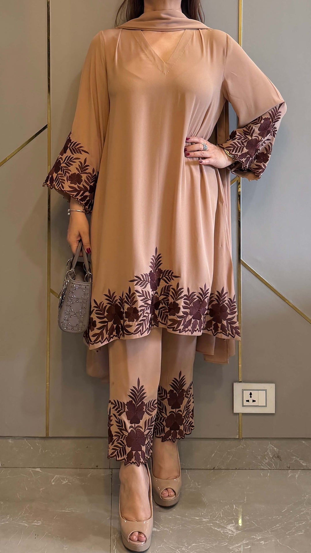 Cappuccino Embroidered Gara Co-ord Set with Optional Dupatta