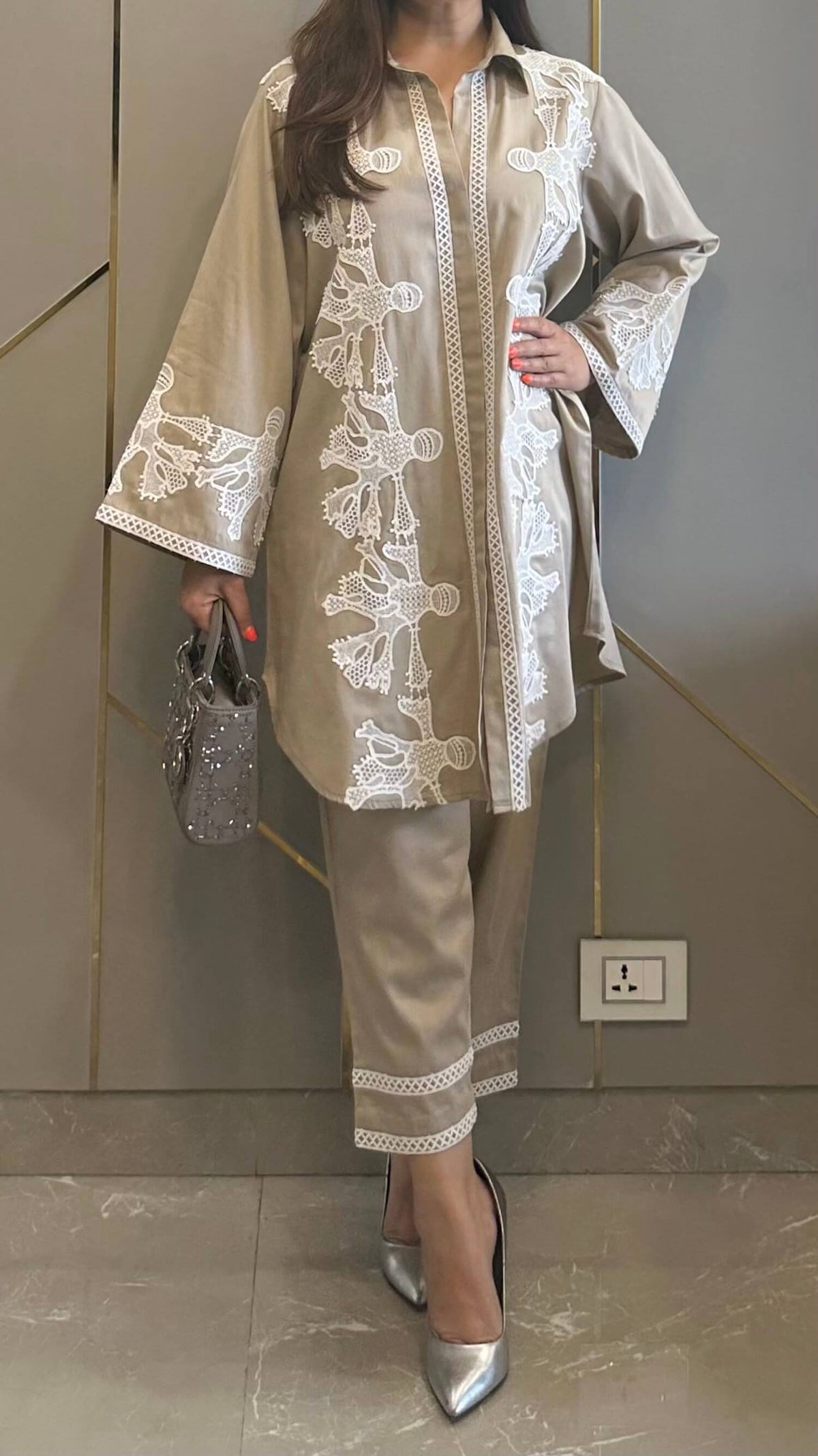 Greyish Beige Venetian Lace Co-ord Set