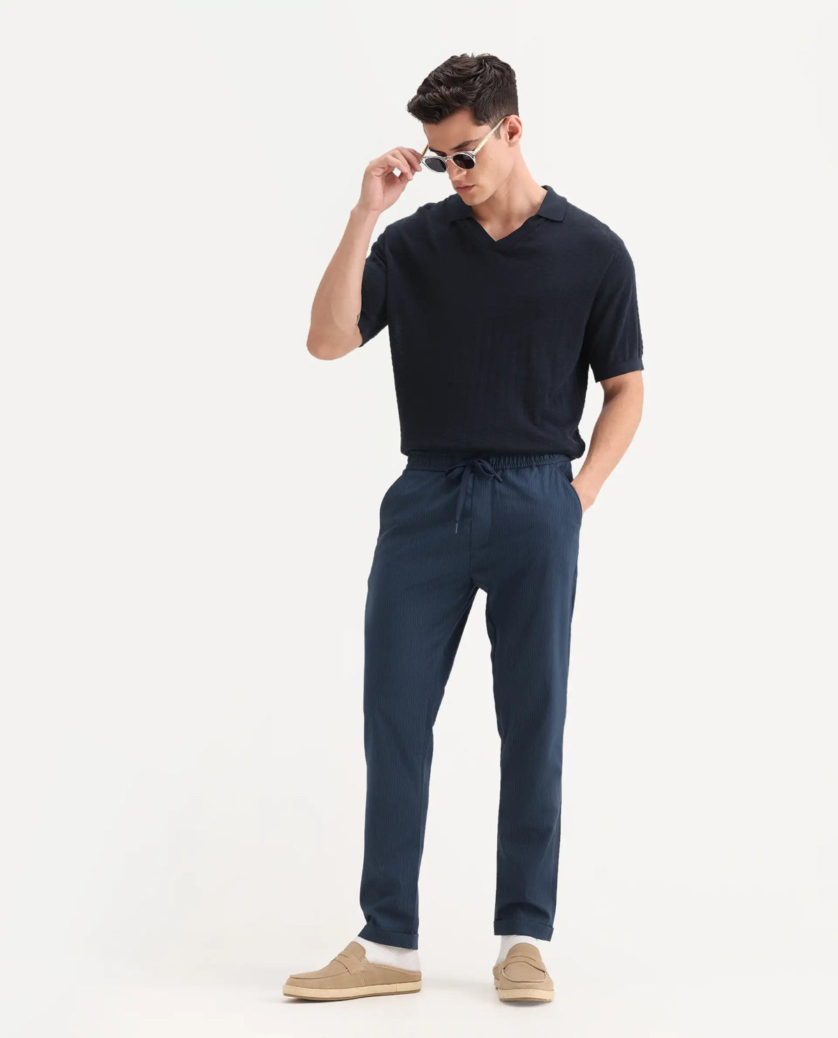 Rare Rabbit Men's Glew Dark Teal Polyester Blend Plain Regular Fit Trouser