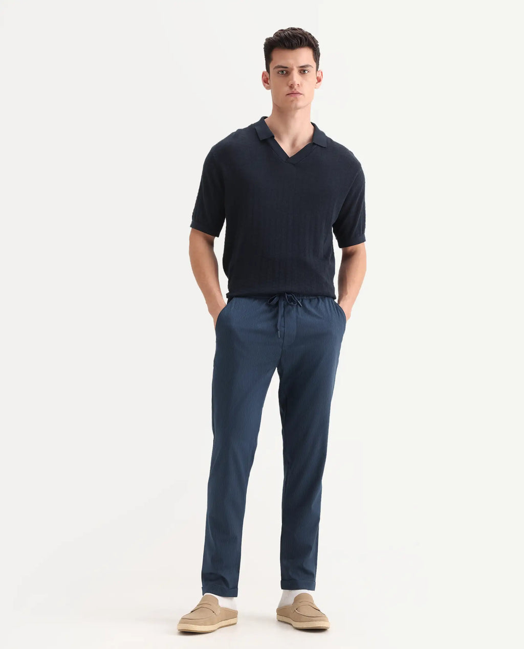 Rare Rabbit Men's Glew Dark Teal Polyester Blend Plain Regular Fit Trouser