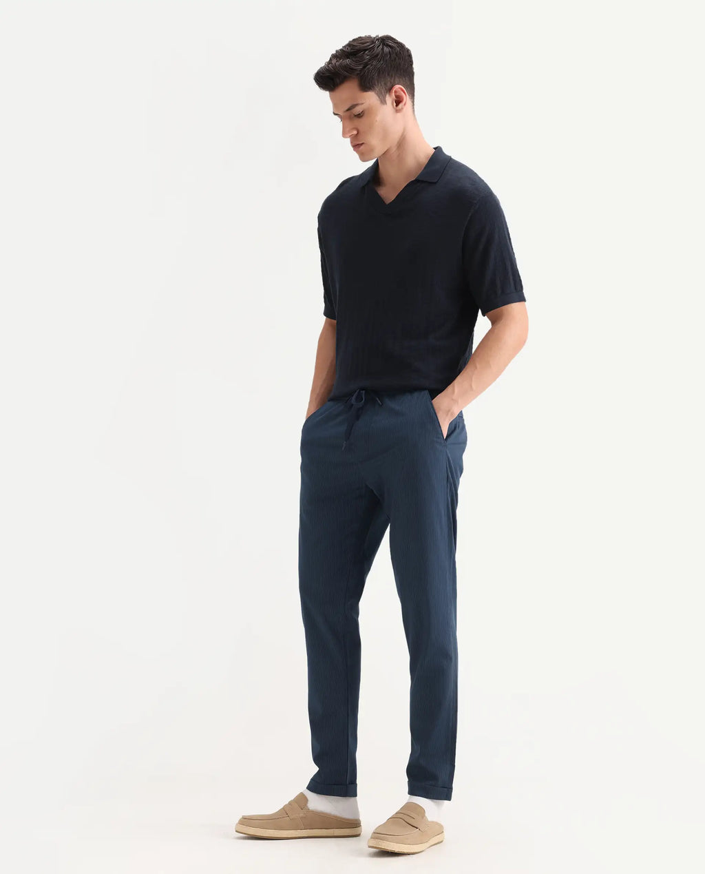 Rare Rabbit Men's Glew Dark Teal Polyester Blend Plain Regular Fit Trouser