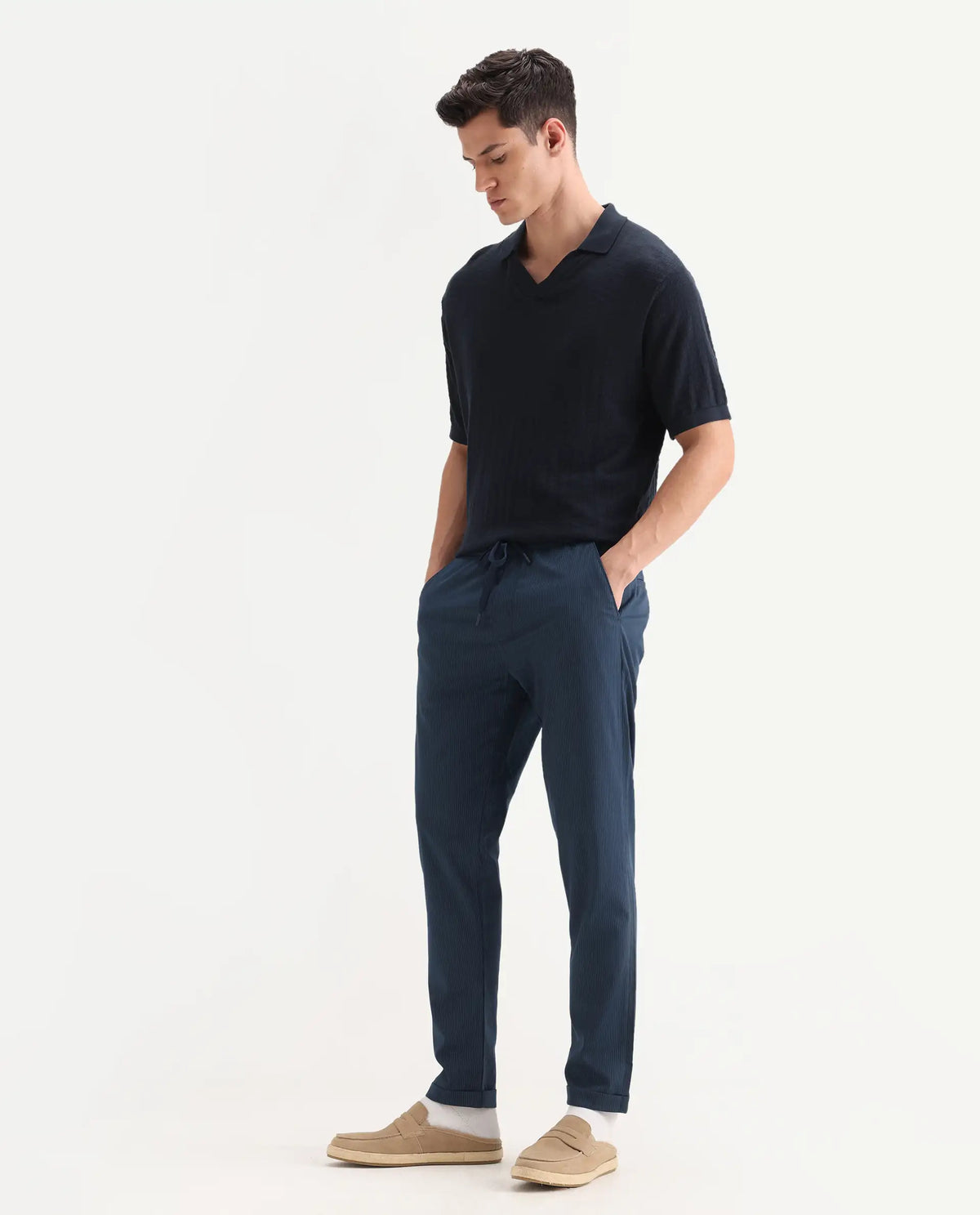 Rare Rabbit Men's Glew Dark Teal Polyester Blend Plain Regular Fit Trouser