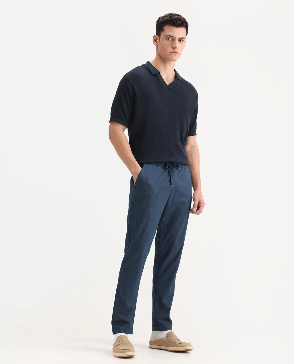 Rare Rabbit Men's Glew Dark Teal Polyester Blend Plain Regular Fit Trouser