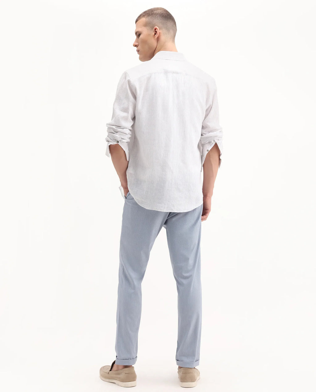 Rare Rabbit Men's Glew Pastel Blue Polyester Blend Striped Print Regular Fit Trouser