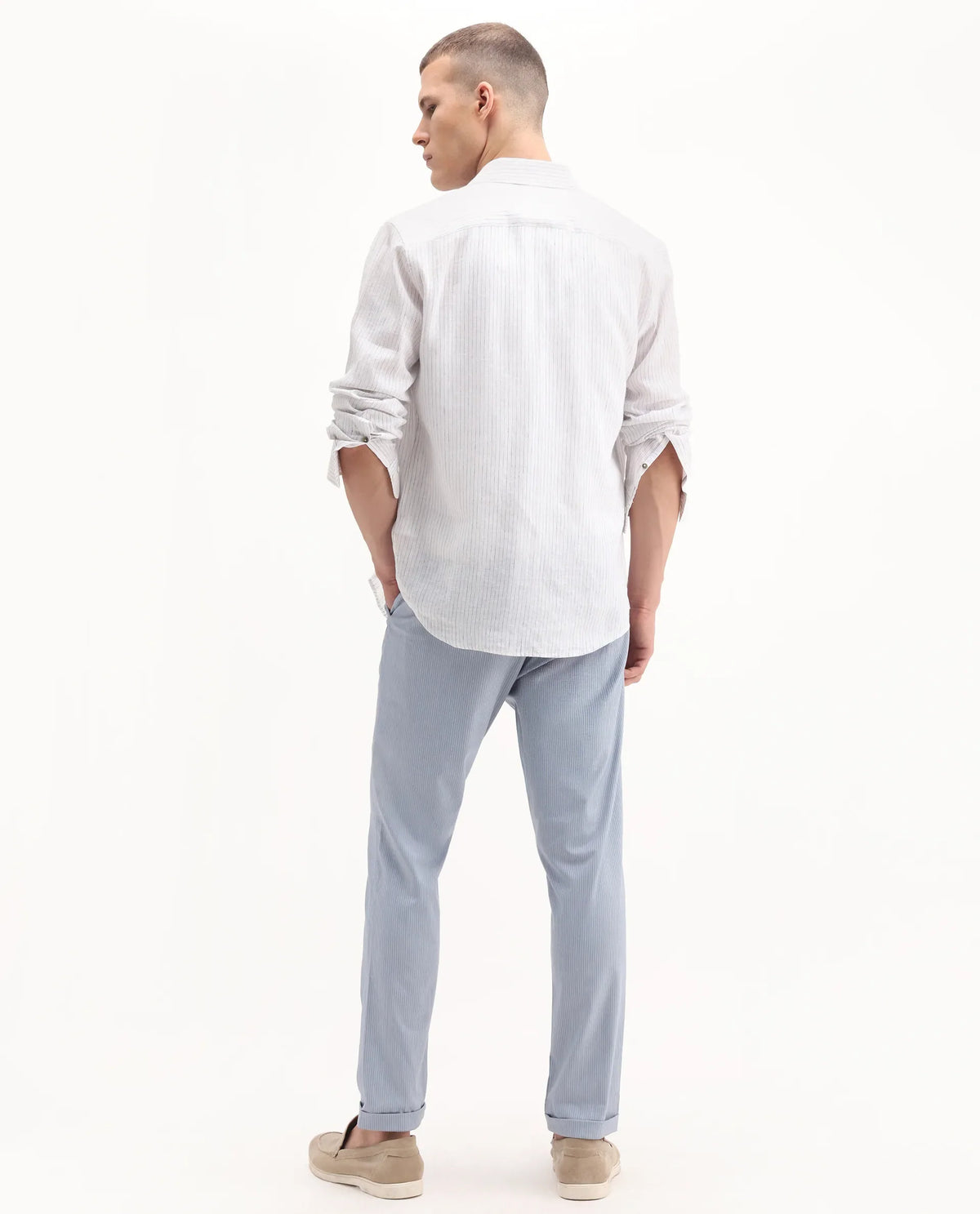 Rare Rabbit Men's Glew Pastel Blue Polyester Blend Striped Print Regular Fit Trouser