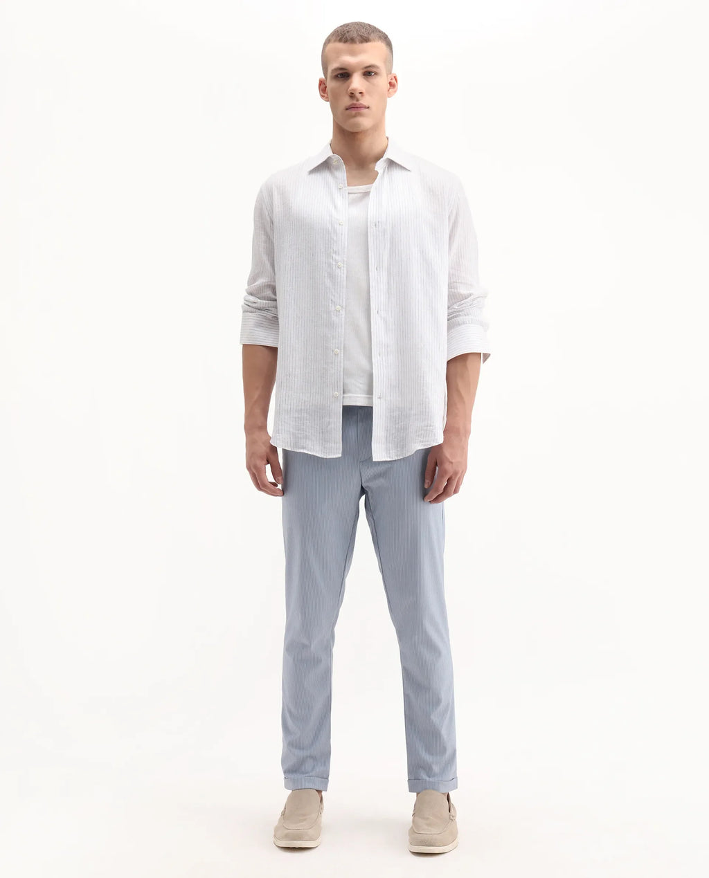 Rare Rabbit Men's Glew Pastel Blue Polyester Blend Striped Print Regular Fit Trouser